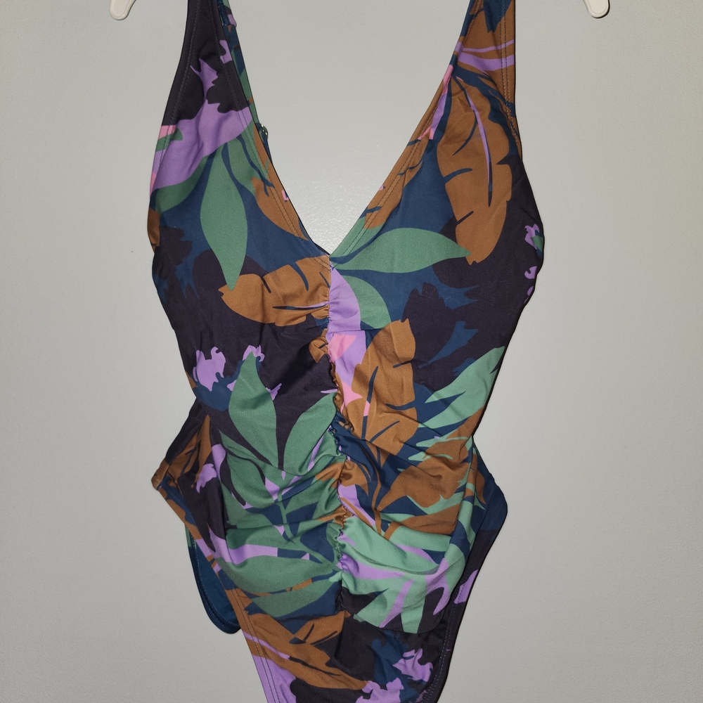 Tropical Print One-Piece Swimsuit - Navy Base with Green & Orange Leaves - Picture 3 of 4